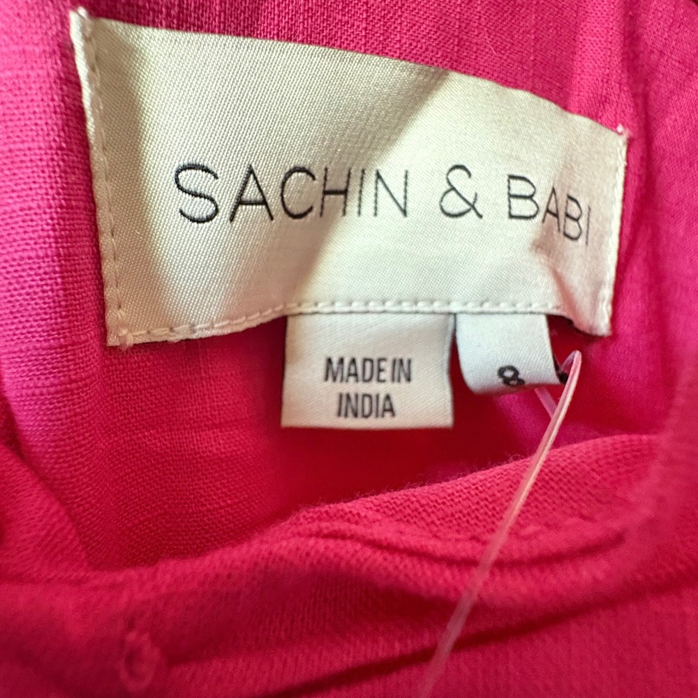 $395 NWT SACHIN & BABI Bri Tie Dye Pink & Orange Midi Dress Puff‎ Sleeves SIZE 8 - Picture 7 of 8